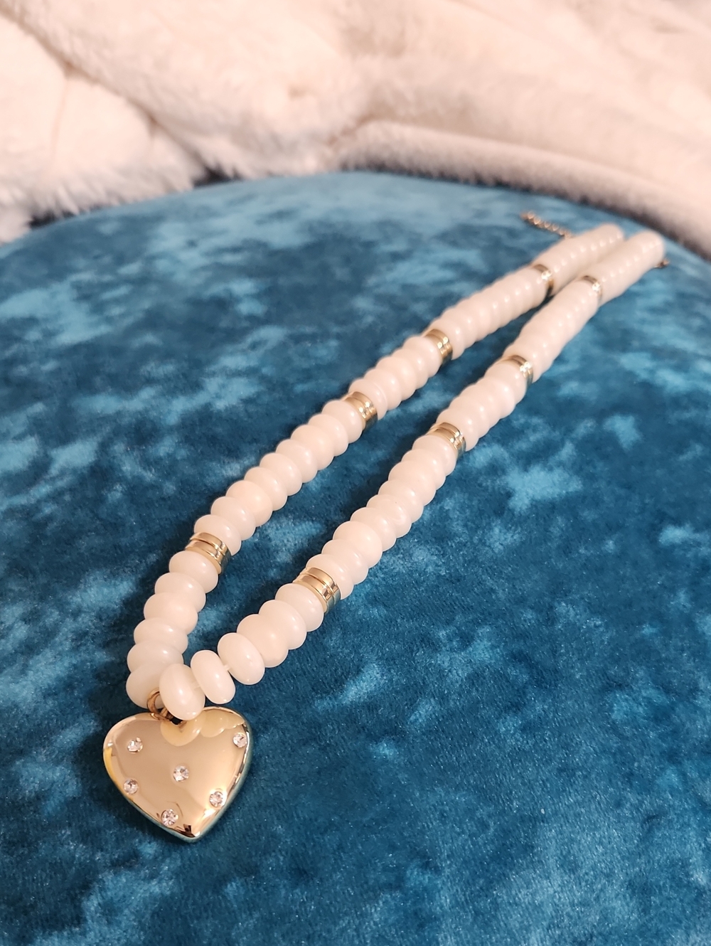 J. Crew Cream Beaded Necklace with Gold Heart Pendant